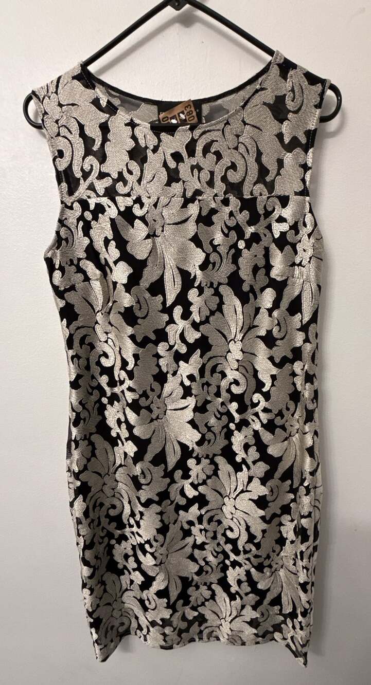 Frank Lyman Design Black and Silver Damask Pattern Cocktail Dress Style 175520